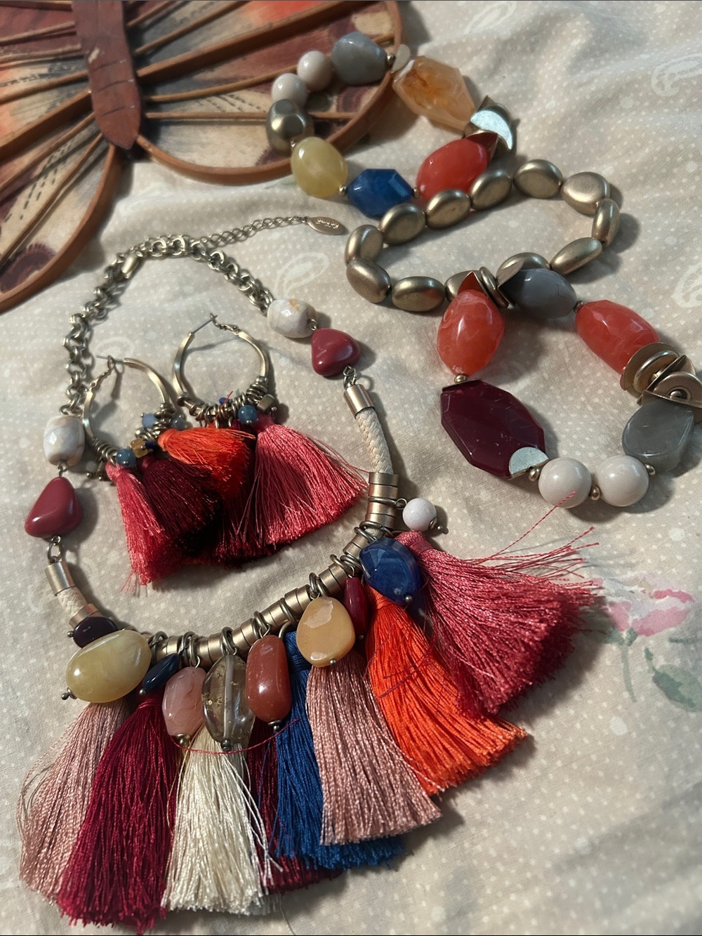 Multi-Color Chico Boho Tassel Statement Necklace ,Bracelet and Earring Set